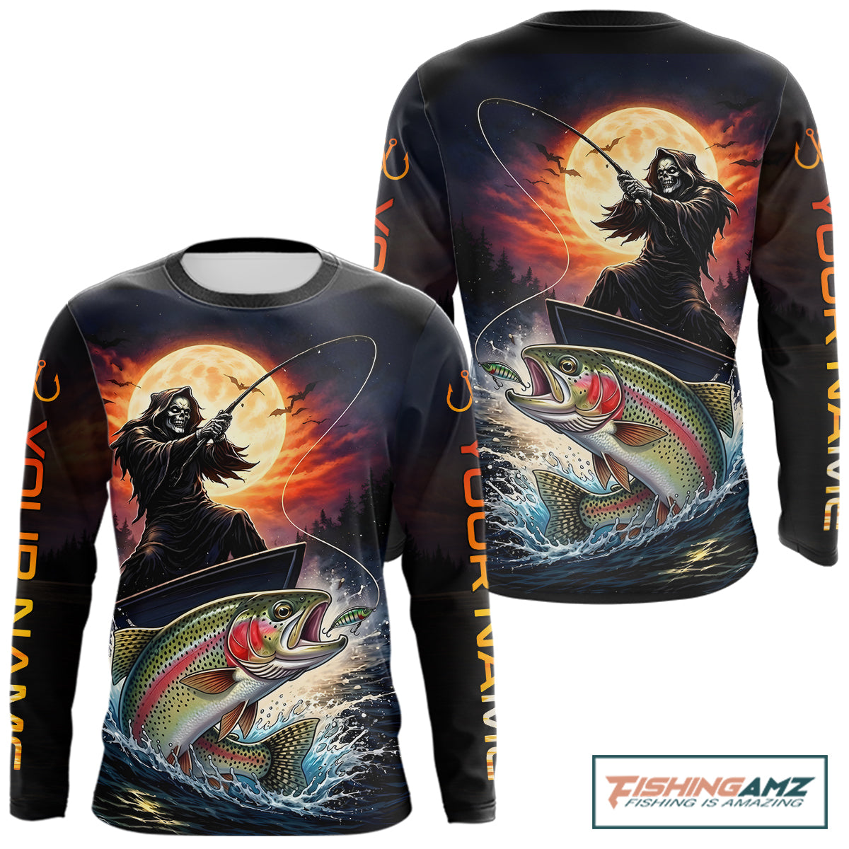 Personalized Fish Reaper Fishing Jerseys, Fish Reaper Sunset Rainbow Trout Fishing Shirts Long Sleeve NHT832