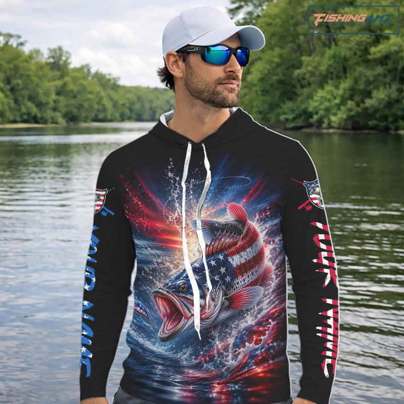 Patriotic Bass Fishing Long Sleeve Hooded Shirt – American Flag Design For Men NHT987