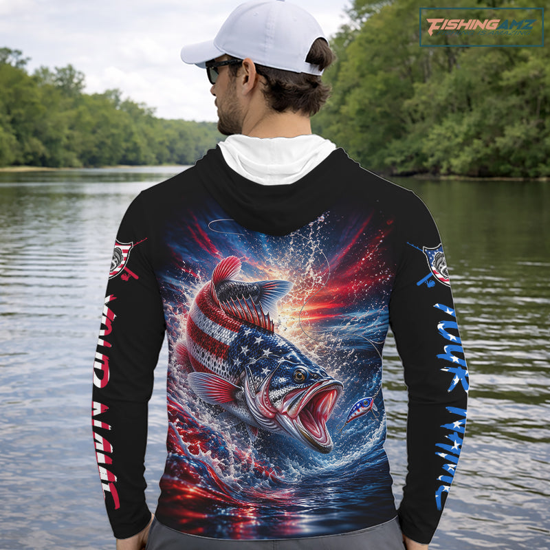Patriotic Bass Fishing Long Sleeve Hooded Shirt – American Flag Design For Men NHT987