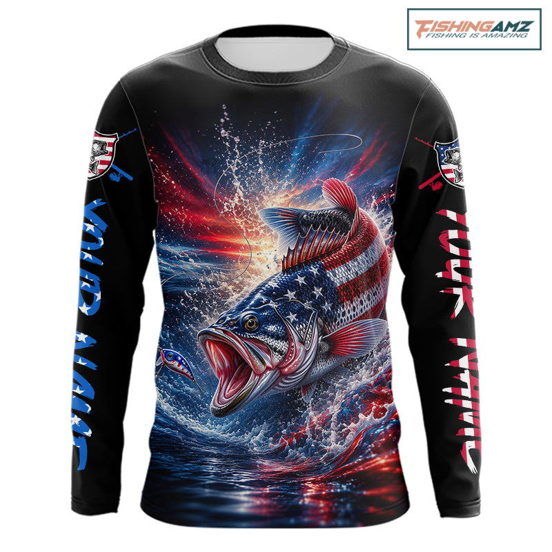 Patriotic Bass Fishing Long Sleeve Shirt – American Flag Design For Men