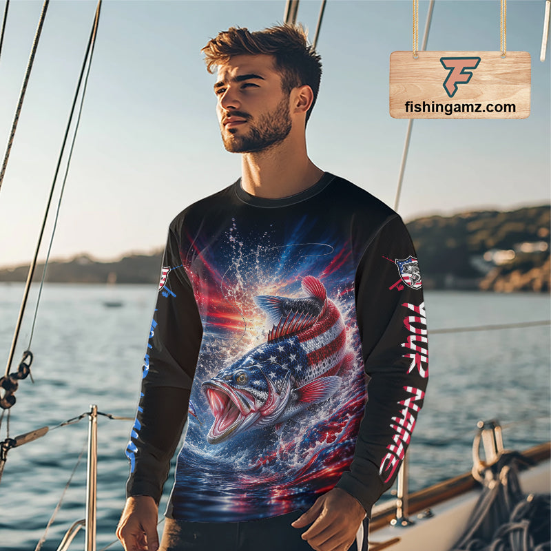 Patriotic Bass Fishing Long Sleeve Shirt – American Flag Design For Men