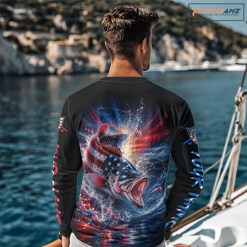 Patriotic Bass Fishing Long Sleeve Shirt – American Flag Design For Men