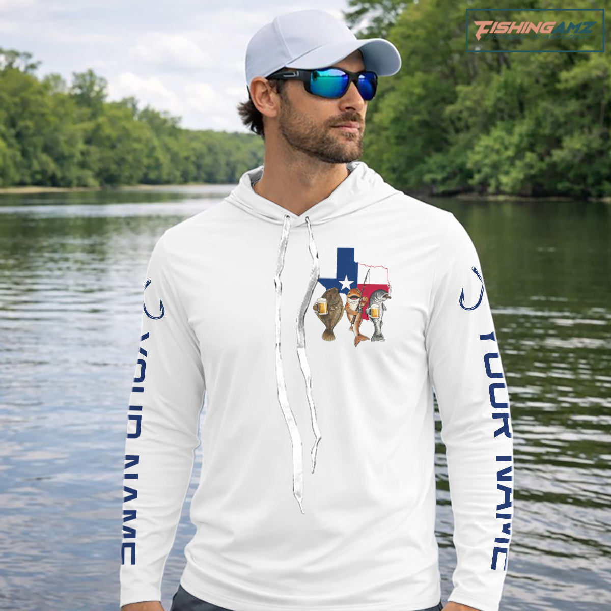 Texas Slam Funny Fishing Redfish, Trout, Flounder Fishing Shirts Long Sleeve Hooded For Men| White NHT843