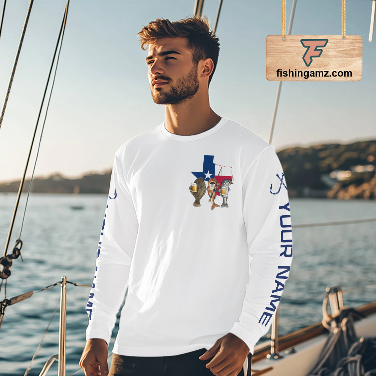 Texas Slam Funny Fishing Redfish, Trout, Flounder Fishing Shirts Long Sleeve For Men| White NHT843