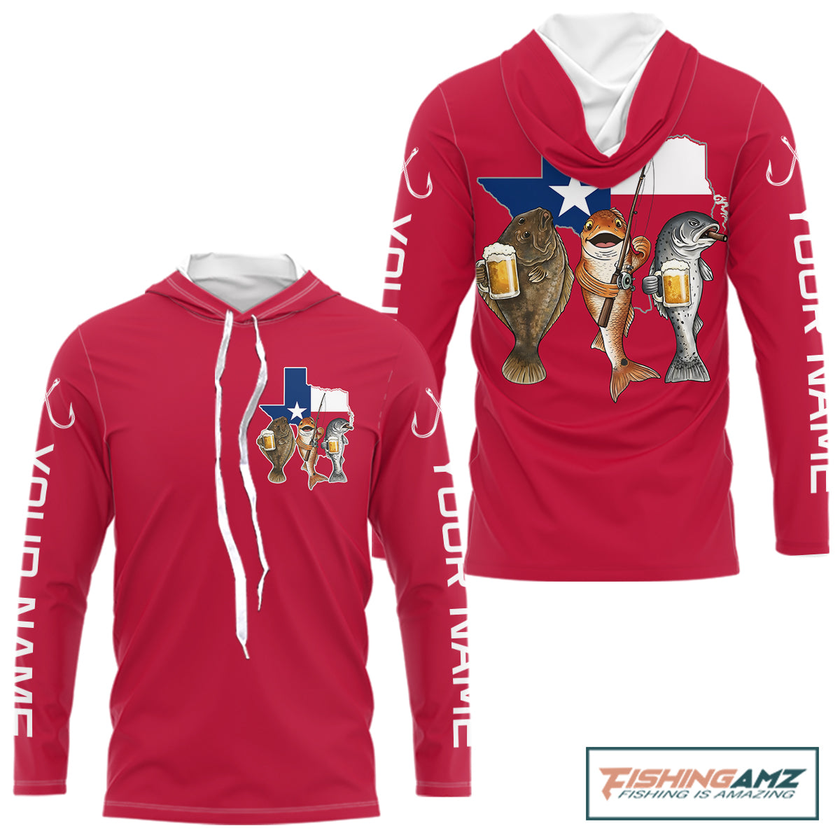 Texas Slam Funny Fishing Redfish, Trout, Flounder Fishing Shirts Long Sleeve Hooded For Men| Red NHT844