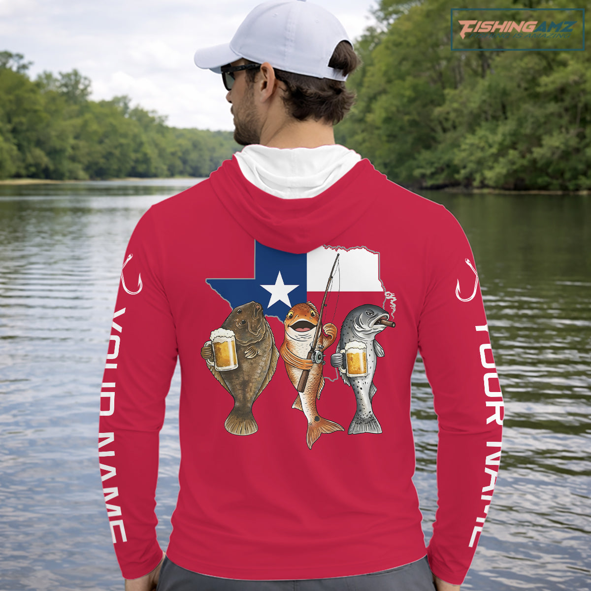 Texas Slam Funny Fishing Redfish, Trout, Flounder Fishing Shirts Long Sleeve Hooded For Men| Red NHT844