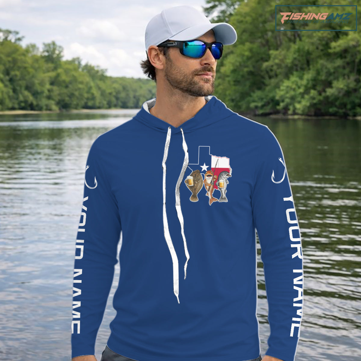 Texas Slam Funny Fishing Redfish, Trout, Flounder Fishing Shirts Long Sleeve Hooded For Men| Blue Navy NHT845