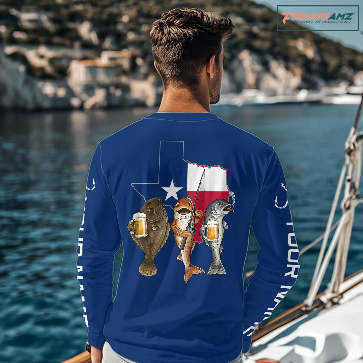 Texas Slam Funny Fishing Redfish, Trout, Flounder Fishing Shirts Long Sleeve For Men| Blue Navy NHT845