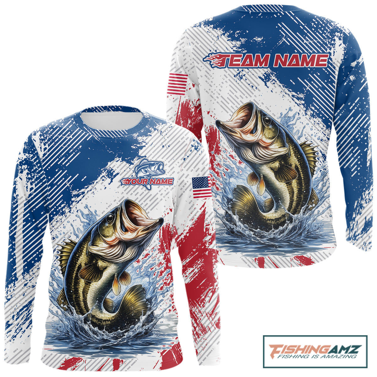 Custom Patriotic American Flag Bass Fishing Shirts Long Sleeve, Fishing Tournament Jerseys
