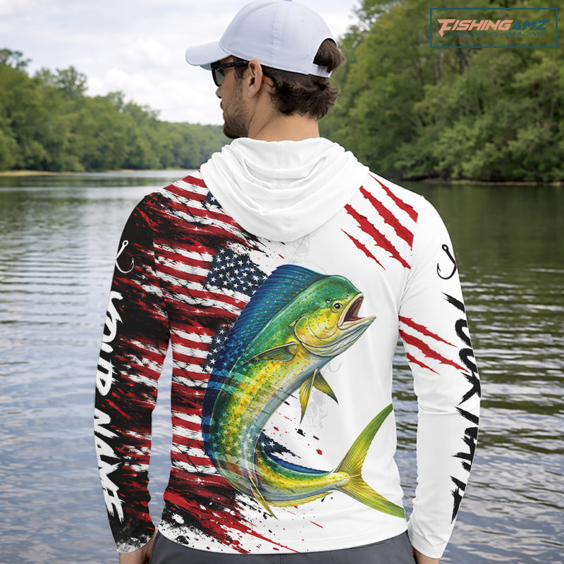 Mahi Mahi Fishing Jersey Design American Flag Long Sleeve Hooded Fishing Shirt For Men NHT1458