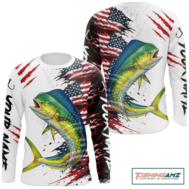 Mahi Mahi Fishing Jersey Design American Flag Long Sleeve Fishing Shirt For Men NHT1458