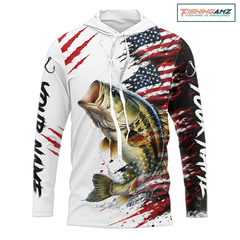 Largemouth Bass Fishing Jersey Design American Flag Long Sleeve Hooded Fishing Shirt For Men NHT1459