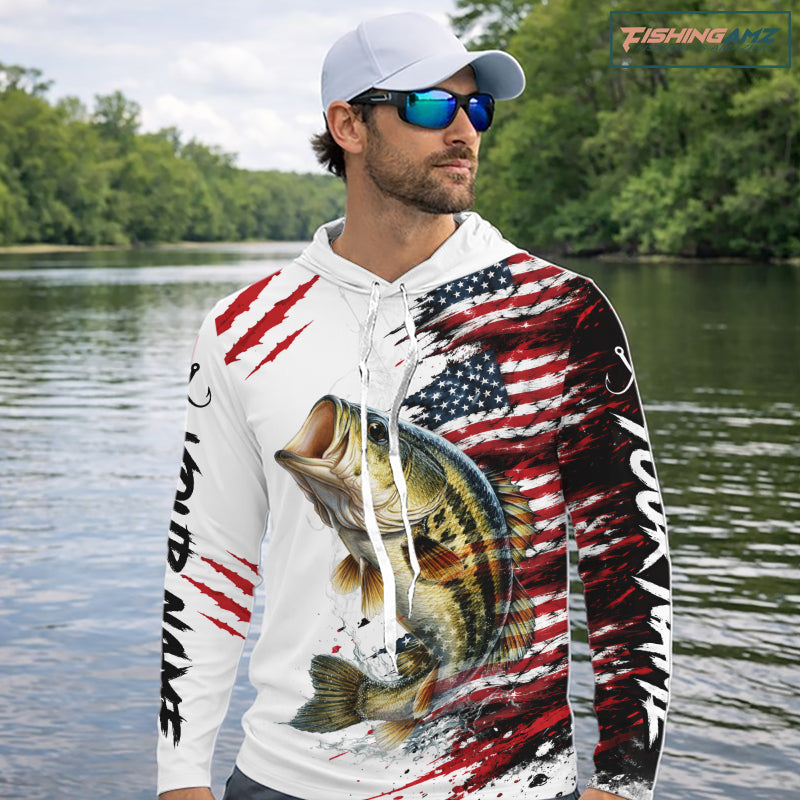 Largemouth Bass Fishing Jersey Design American Flag Long Sleeve Hooded Fishing Shirt For Men NHT1459