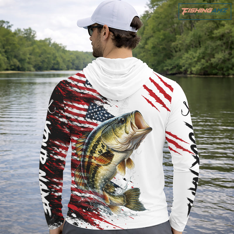 Largemouth Bass Fishing Jersey Design American Flag Long Sleeve Hooded Fishing Shirt For Men NHT1459