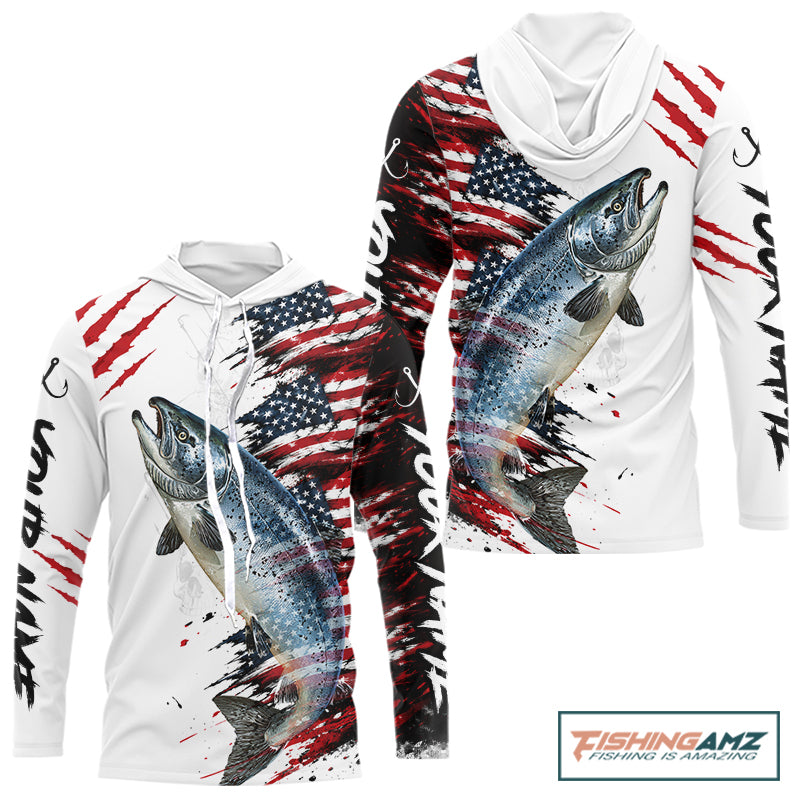 Chinook Salmon Fishing Jersey Design American Flag Long Sleeve Hooded Fishing Shirt For Men NHT1460