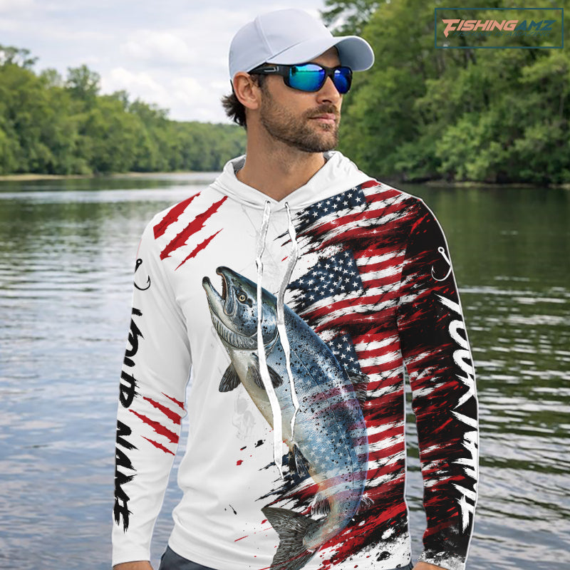 Chinook Salmon Fishing Jersey Design American Flag Long Sleeve Hooded Fishing Shirt For Men NHT1460