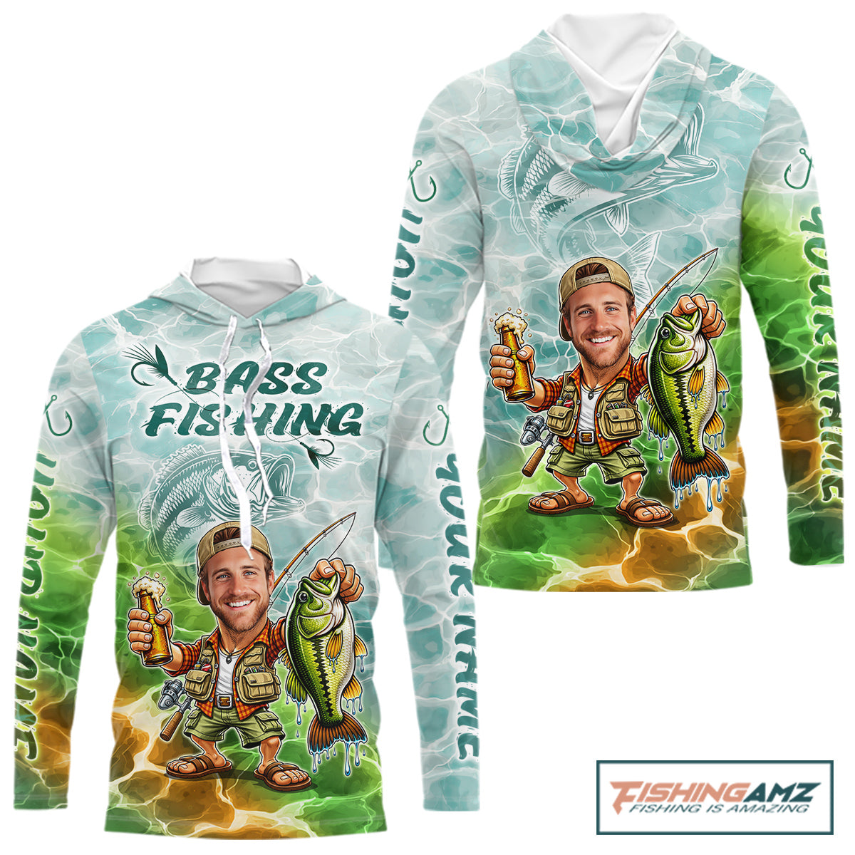Custom Photo Funny Bass Fishing Shirts Long Sleeve Hooded For Men, Fishing Team Jersey NHT642