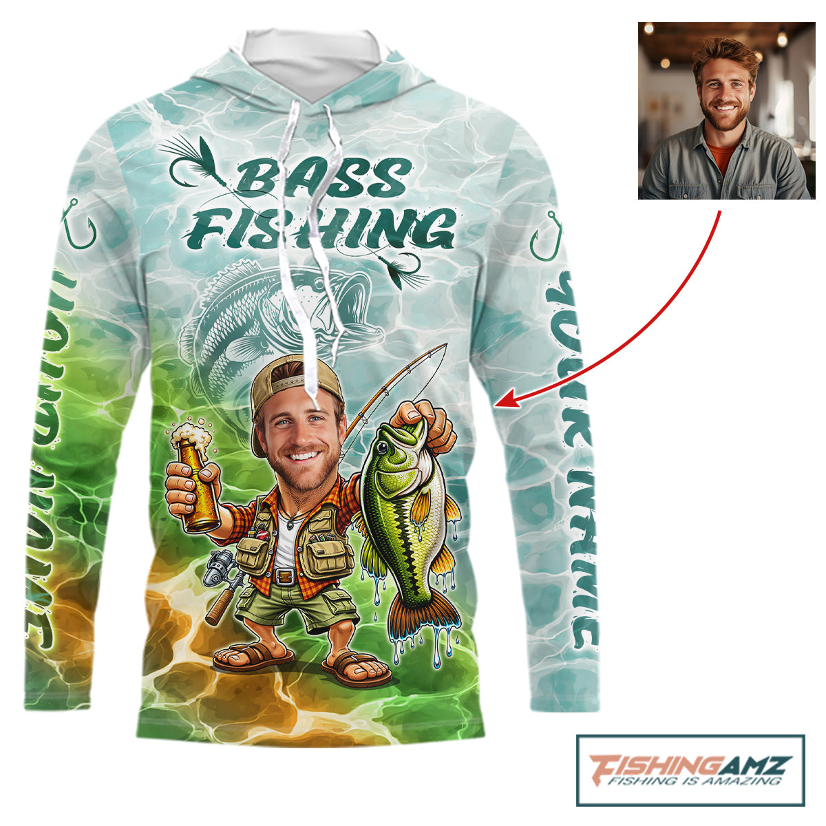 Custom Photo Funny Bass Fishing Shirts Long Sleeve Hooded For Men, Fishing Team Jersey NHT642