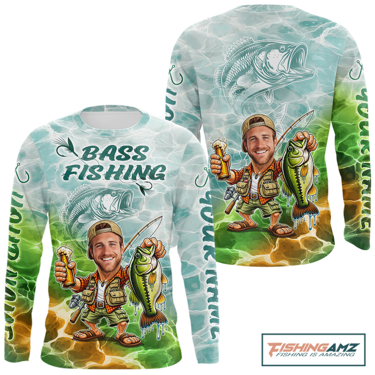 Custom Photo Funny Bass Fishing Shirts Long Sleeve For Men, Fishing Team Jersey NHT642