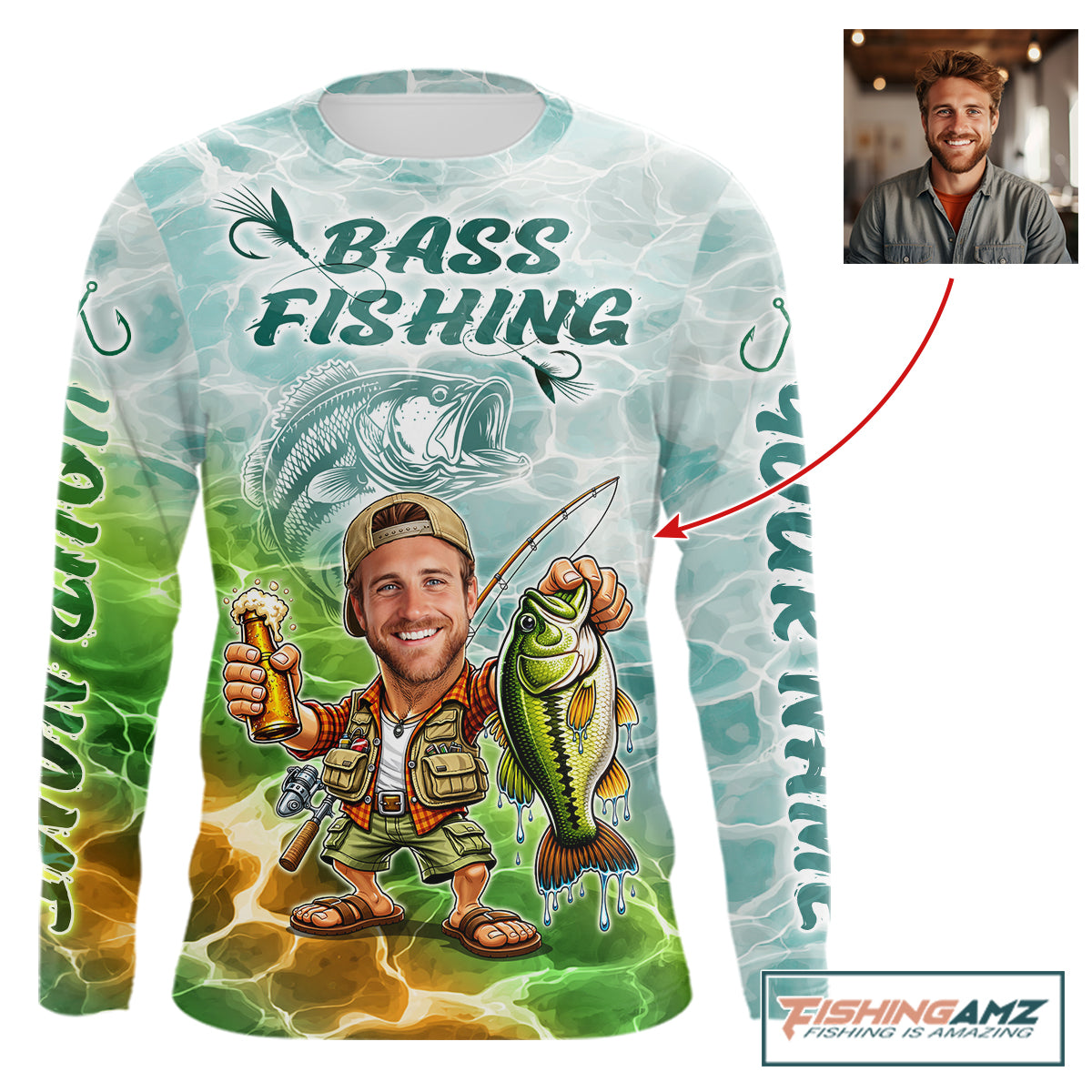 Custom Photo Funny Bass Fishing Shirts Long Sleeve For Men, Fishing Team Jersey NHT642