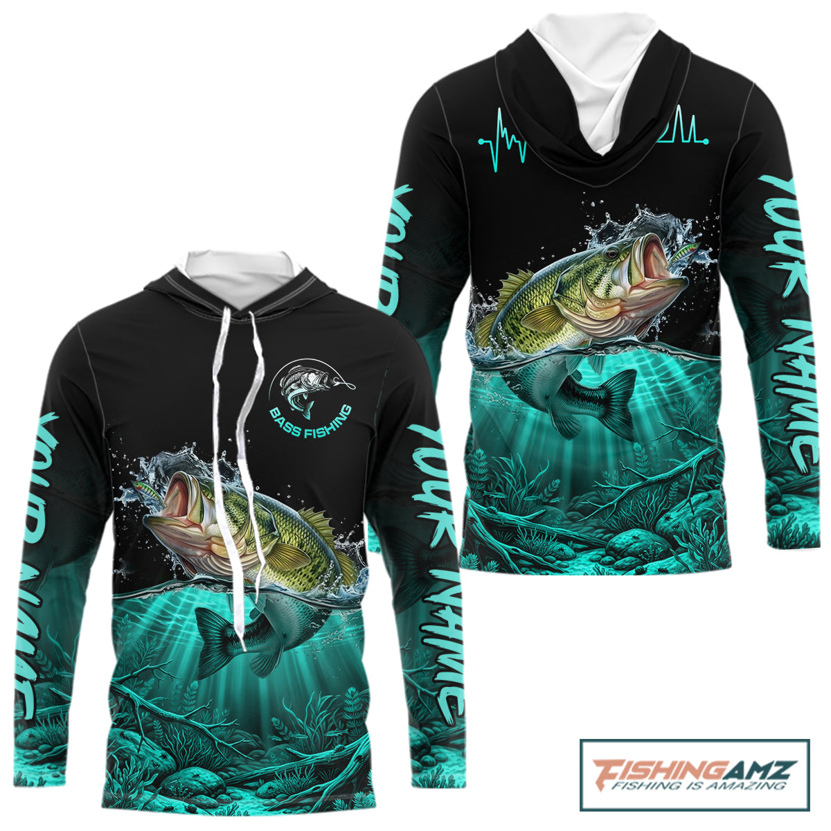 Largemouth Bass Fishing Shirt Long Sleeve Hooded For Tournament – Angler Gift For Men Dad| Turquoise NHT850