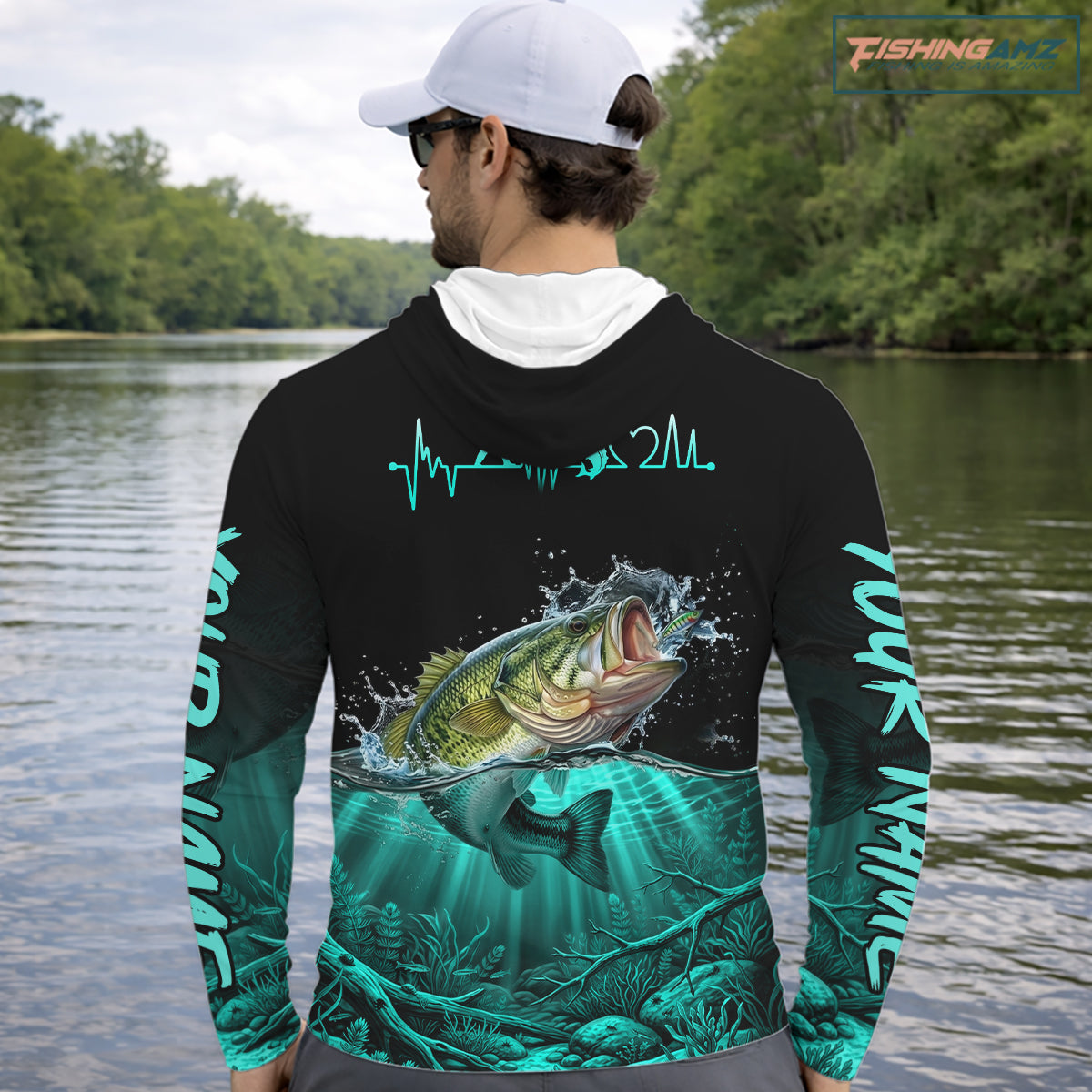 Largemouth Bass Fishing Shirt Long Sleeve Hooded For Tournament – Angler Gift For Men Dad| Turquoise NHT850