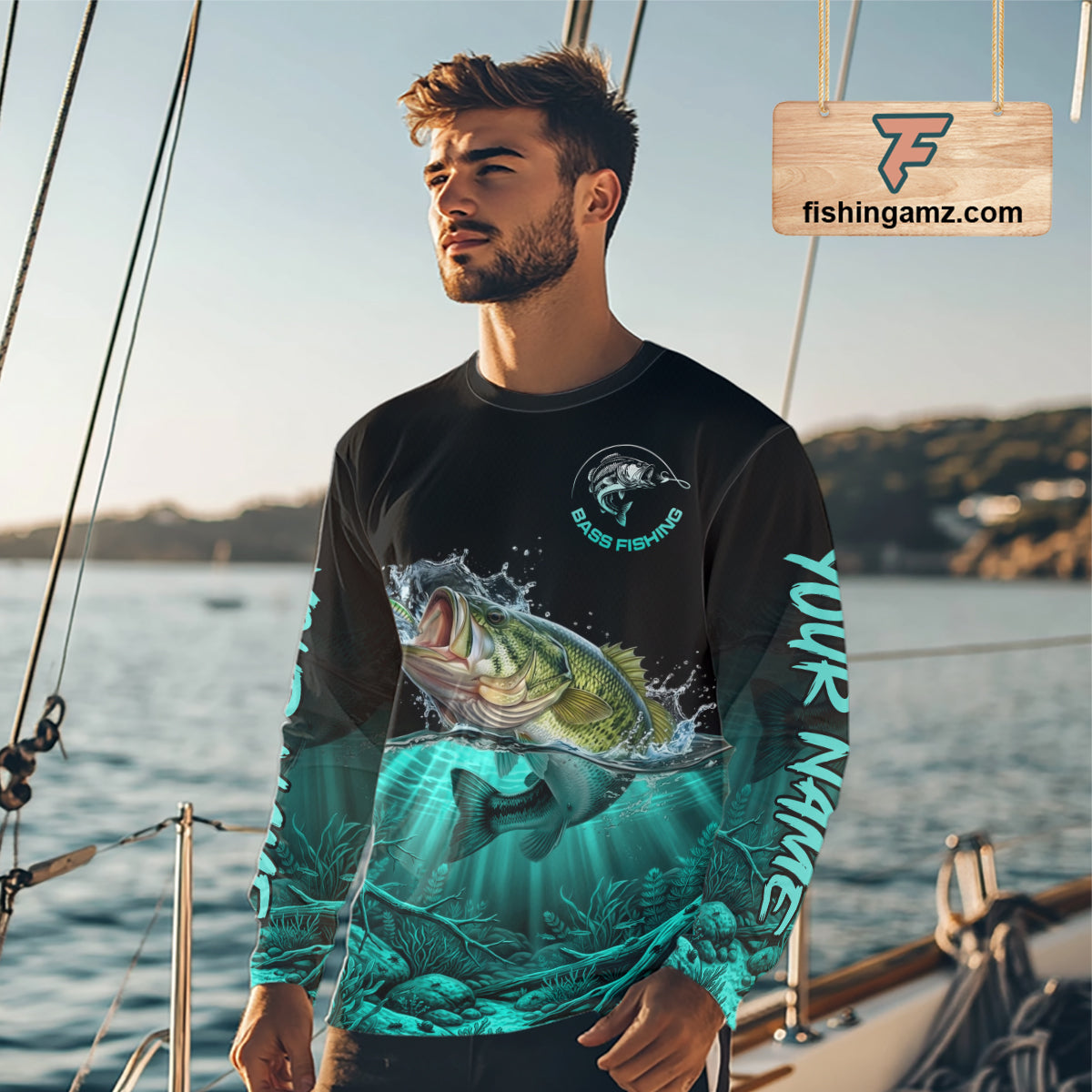 Largemouth Bass Fishing Shirt Long Sleeve For Tournament – Angler Gift For Men Dad| Turquoise NHT850