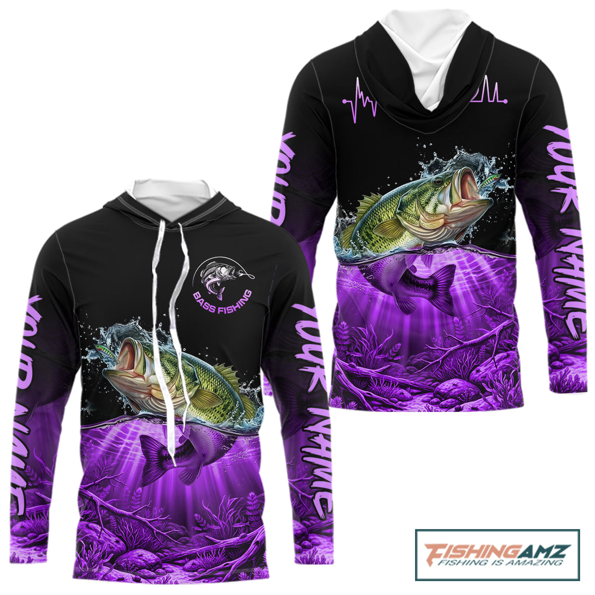 Largemouth Bass Fishing Shirt Long Sleeve Hooded For Tournament – Angler Gift For Men Dad| Purple NHT852
