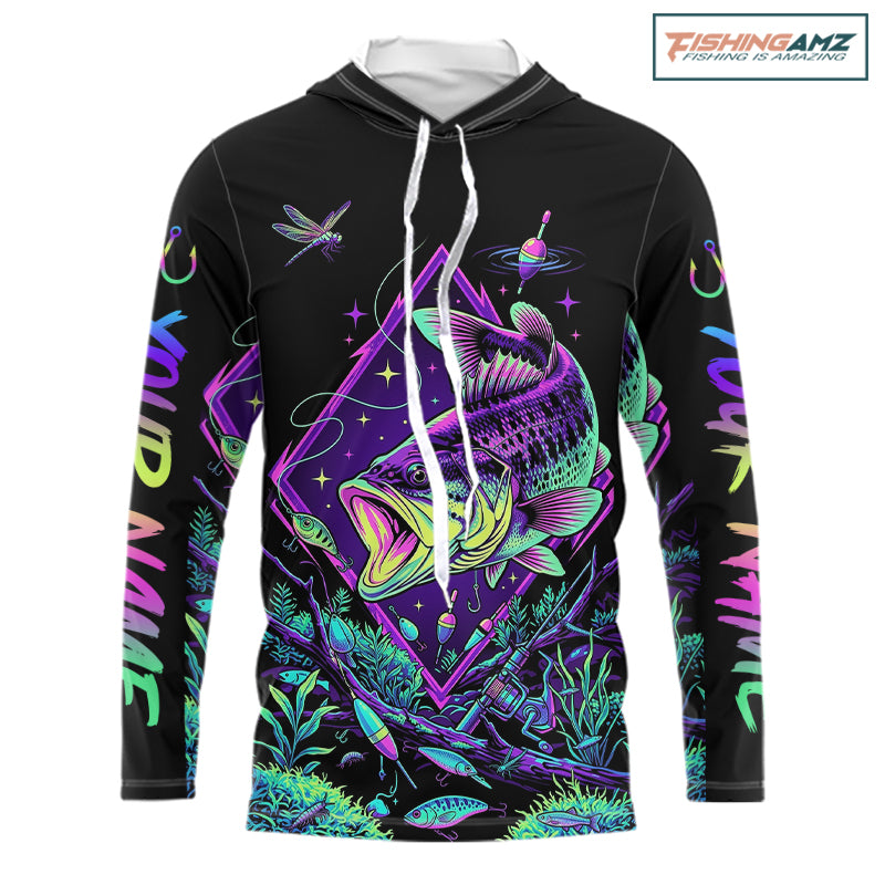 Neon Bass Fishing Shirts Long Sleeve Hooded – Largemouth Bass Galaxy Glow Graphic Gift For Men Dad NHT853