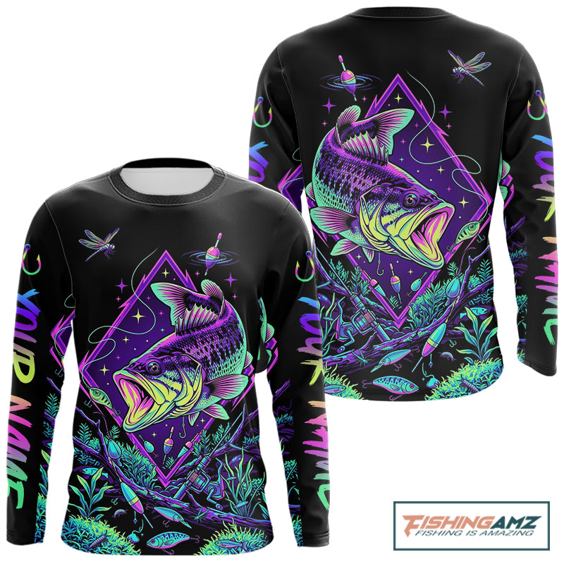 Neon Bass Fishing Shirts Long Sleeve – Largemouth Bass Galaxy Glow Graphic Gift For Men Dad NHT853