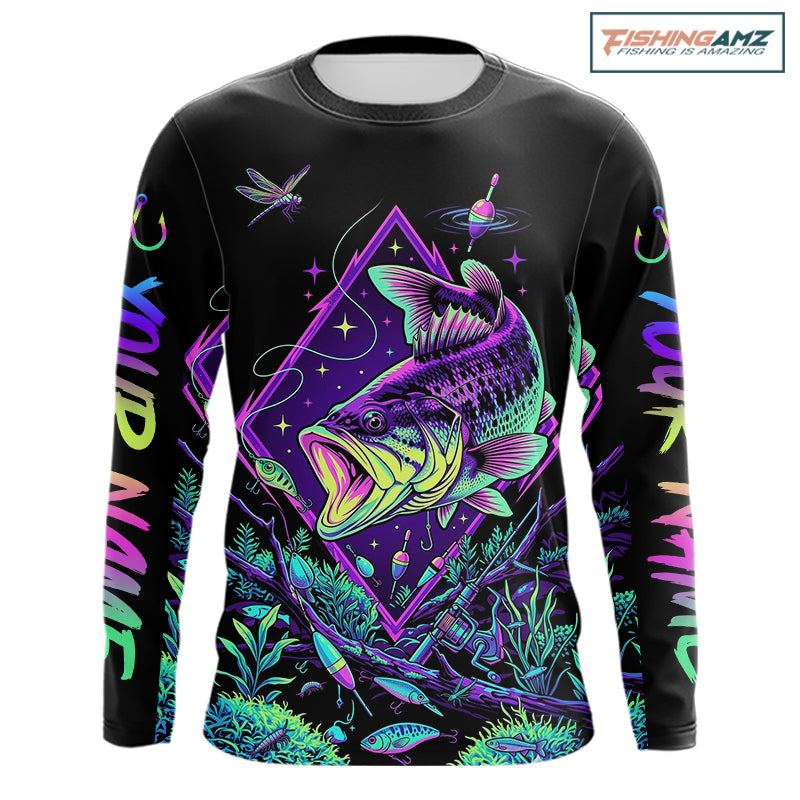 Neon Bass Fishing Shirts Long Sleeve – Largemouth Bass Galaxy Glow Graphic Gift For Men Dad NHT853