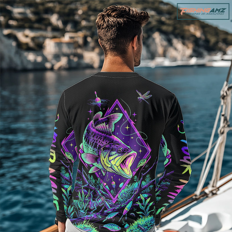 Neon Bass Fishing Shirts Long Sleeve – Largemouth Bass Galaxy Glow Graphic Gift For Men Dad NHT853