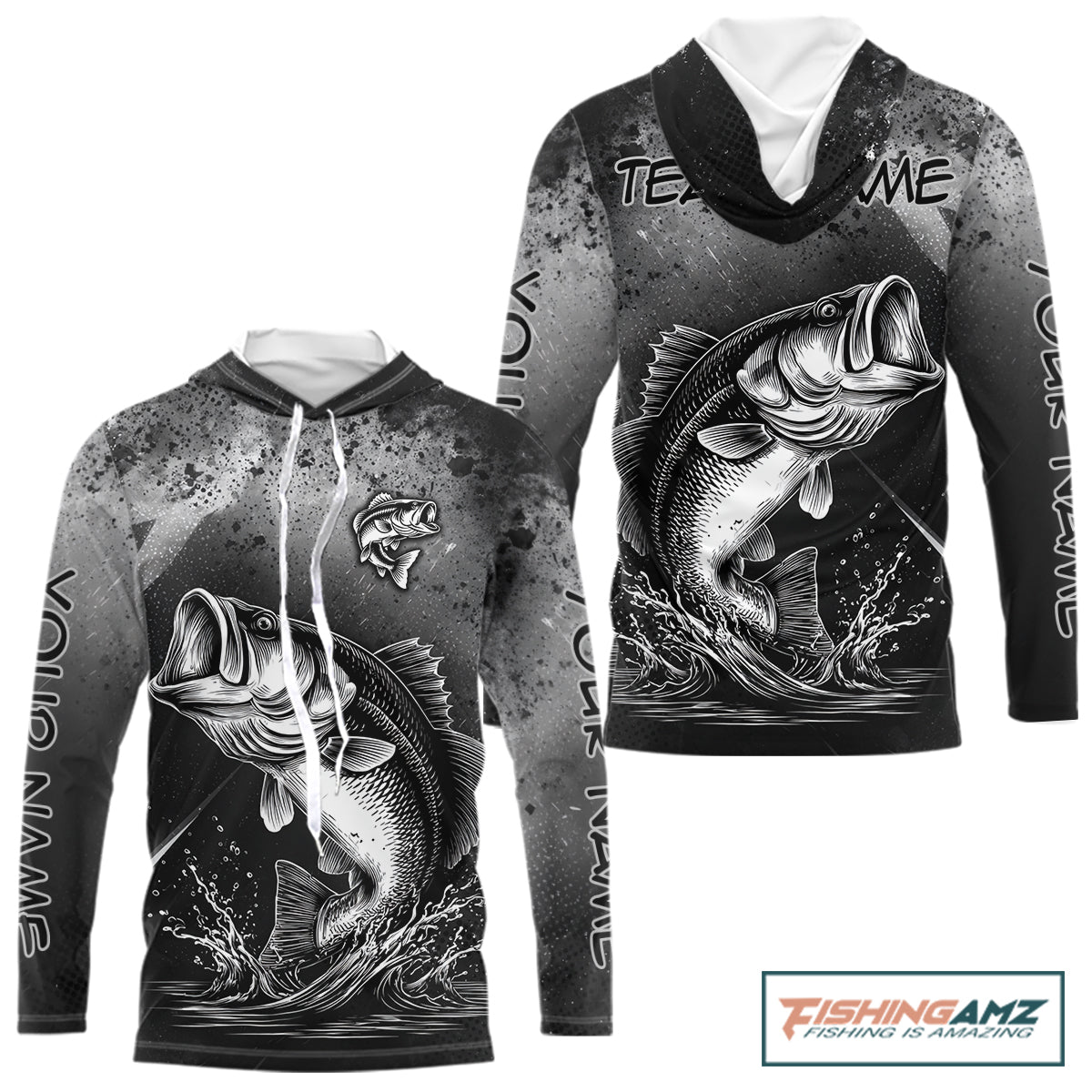 Gray Camo Bass Fishing Custom Long Sleeve Hooded Tournament Fishing Shirts, Fishing Shirt For Men