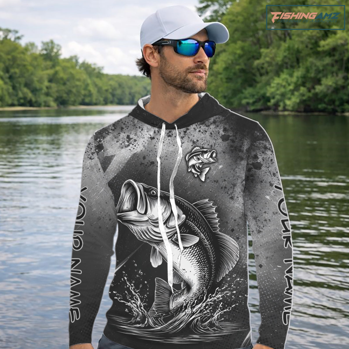 Gray Camo Bass Fishing Custom Long Sleeve Hooded Tournament Fishing Shirts, Fishing Shirt For Men