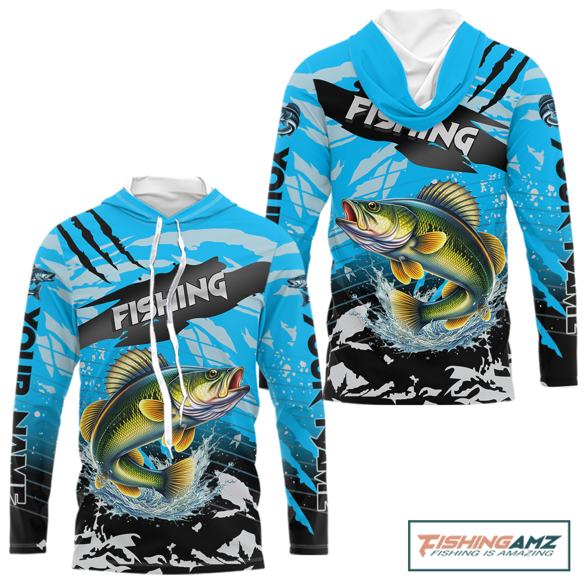 Hooded Walleye Fishing Blue Camo Jerseys Custom Performance Long Sleeve Tournament Fishing Shirts NHT509