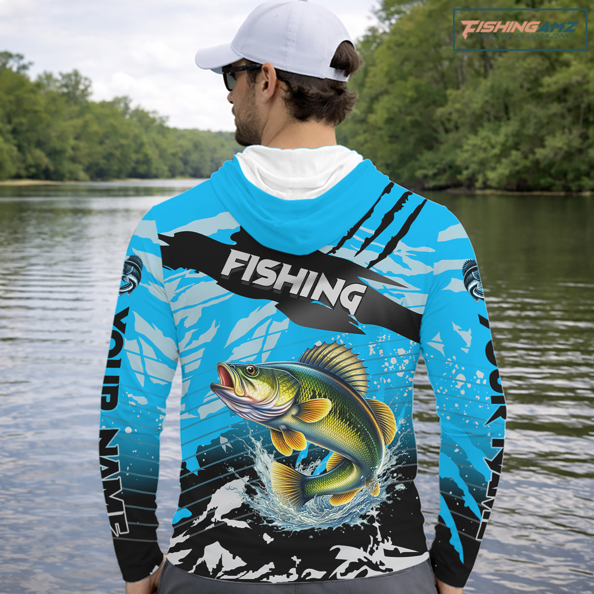 Hooded Walleye Fishing Blue Camo Jerseys Custom Performance Long Sleeve Tournament Fishing Shirts NHT509