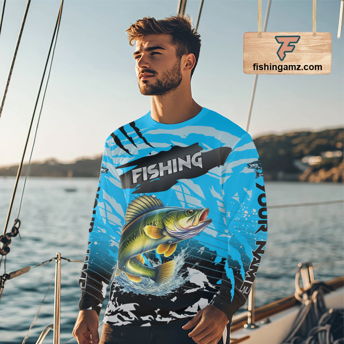 Walleye Fishing Blue Camo Jerseys Custom Performance Long Sleeve Tournament Fishing Shirts NHT509