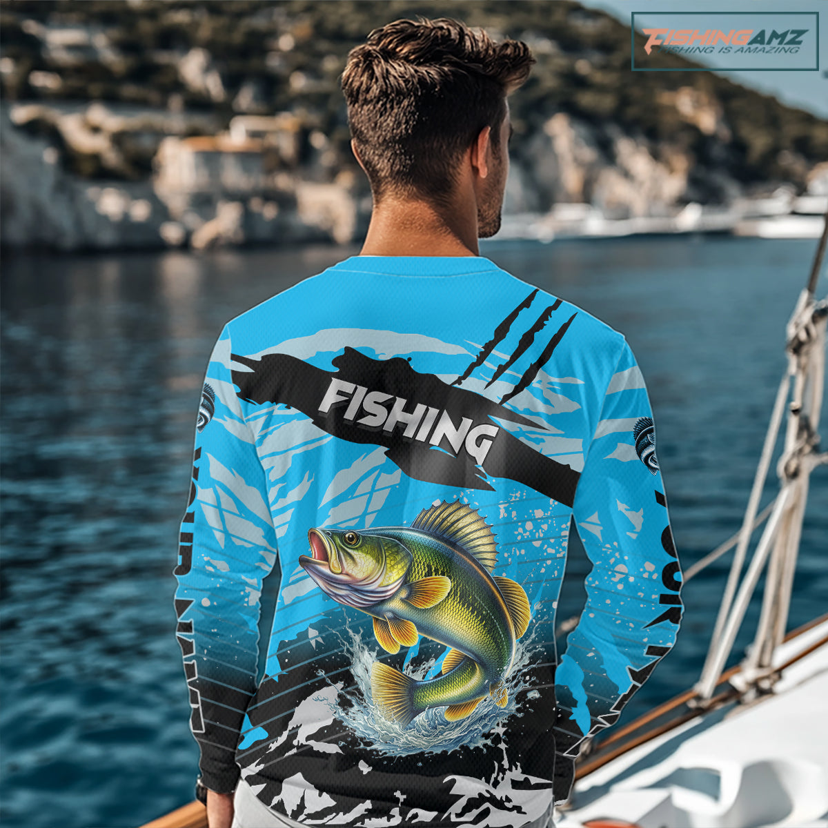 Walleye Fishing Blue Camo Jerseys Custom Performance Long Sleeve Tournament Fishing Shirts NHT509