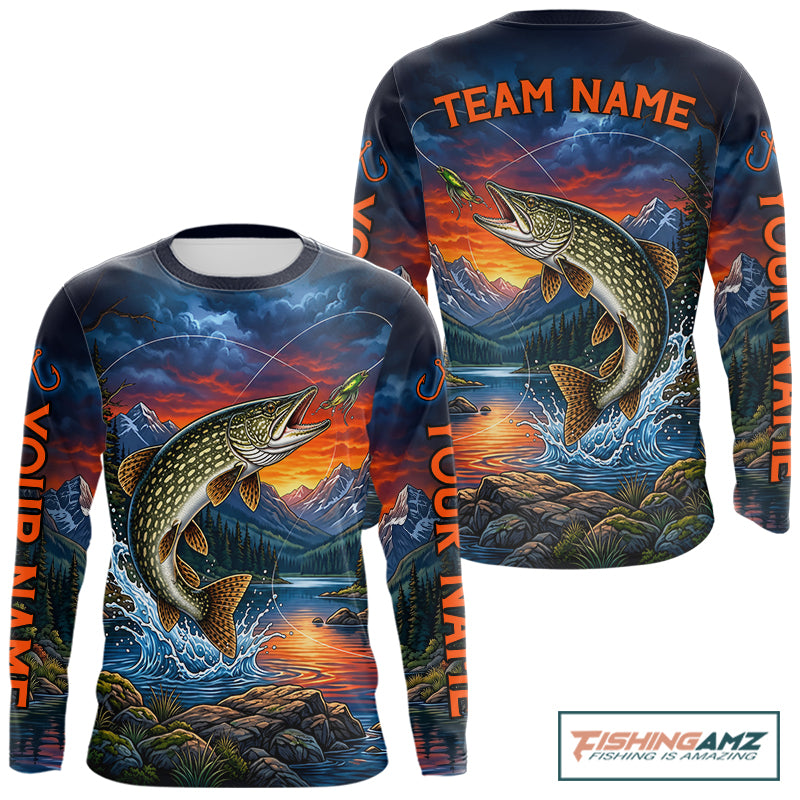 Personalized Northern Pike Fishing Shirt, Mountain River Fishing Jersey, Custom Team Shirt NHT1819