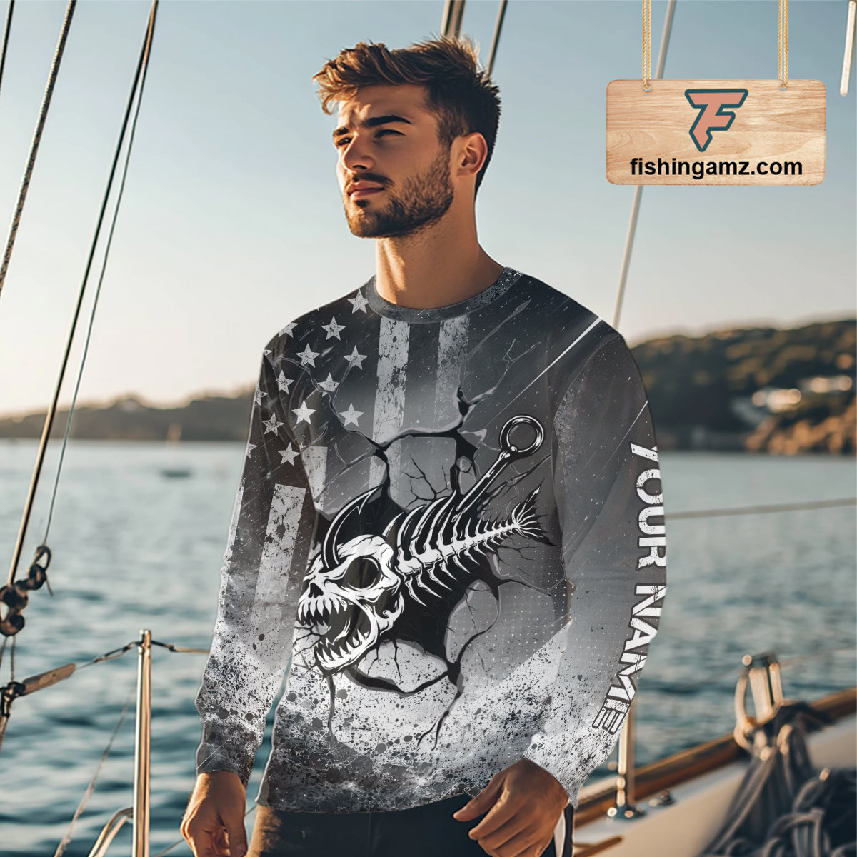 American Flag Fishing Fish Hook Skull Personalized Fishing Shirts, Patriotic Fishing Shirt Gift For Men NHT665