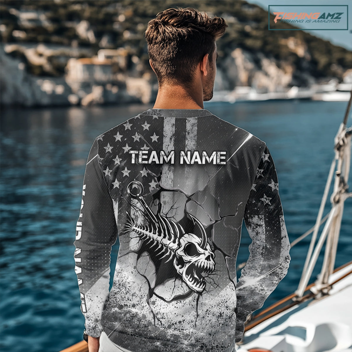American Flag Fishing Fish Hook Skull Personalized Fishing Shirts, Patriotic Fishing Shirt Gift For Men NHT665