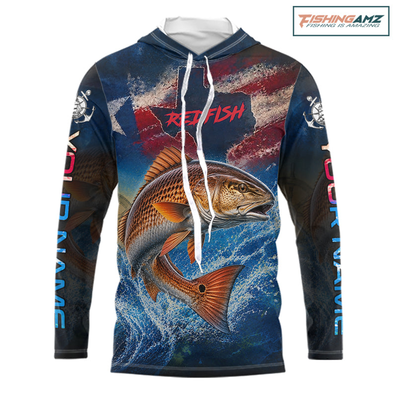 Texas Flag Redfish Long Sleeve Hooded Fishing Jersey, Red Drum Saltwater Performance UV Shirt For Men