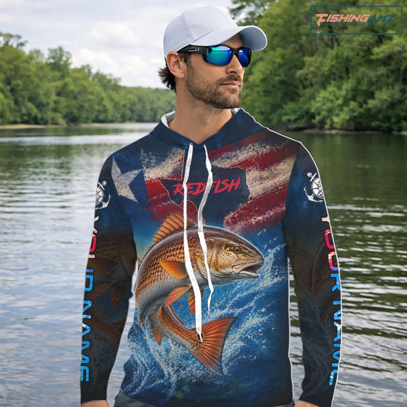Texas Flag Redfish Long Sleeve Hooded Fishing Jersey, Red Drum Saltwater Performance UV Shirt For Men