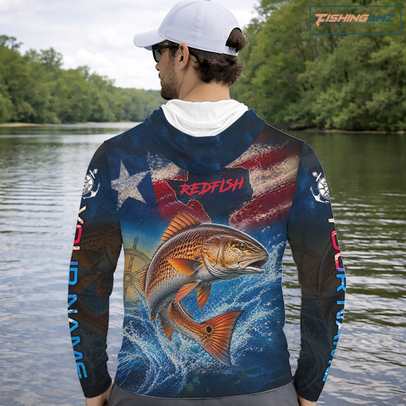 Texas Flag Redfish Long Sleeve Hooded Fishing Jersey, Red Drum Saltwater Performance UV Shirt For Men