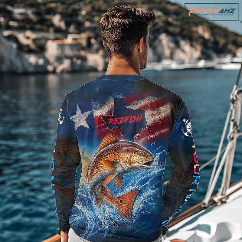 Texas Flag Redfish Long Sleeve Fishing Jersey, Red Drum Saltwater Performance UV Shirt For Men NHT1181