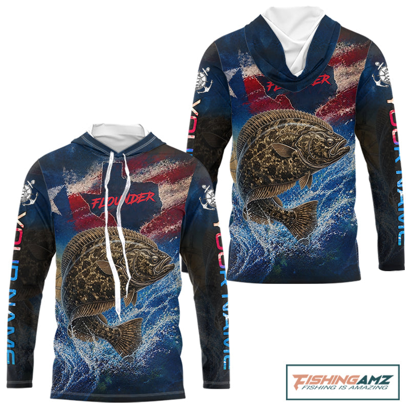 Texas Flag Flounder Long Sleeve Hooded Fishing Jersey, Flounder Saltwater Performance UV Shirt For Men