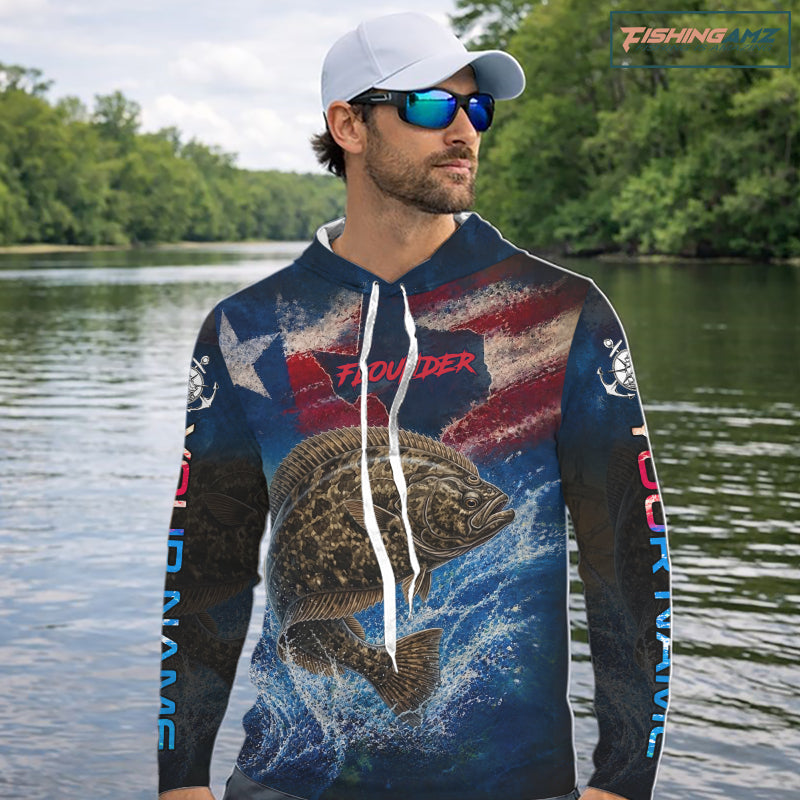 Texas Flag Flounder Long Sleeve Hooded Fishing Jersey, Flounder Saltwater Performance UV Shirt For Men
