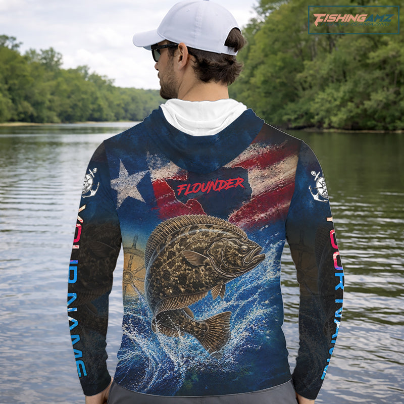 Texas Flag Flounder Long Sleeve Hooded Fishing Jersey, Flounder Saltwater Performance UV Shirt For Men