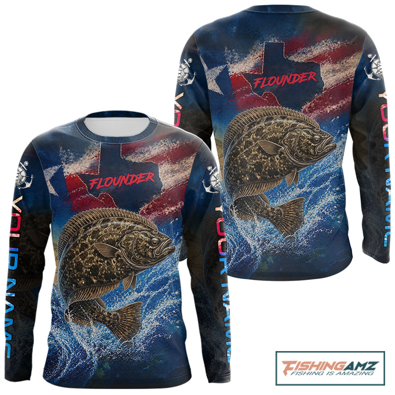 Design Custom name with Texas Flag Flounder Long Sleeve Fishing Jersey, Flounder Saltwater Performance UV Shirt For Men