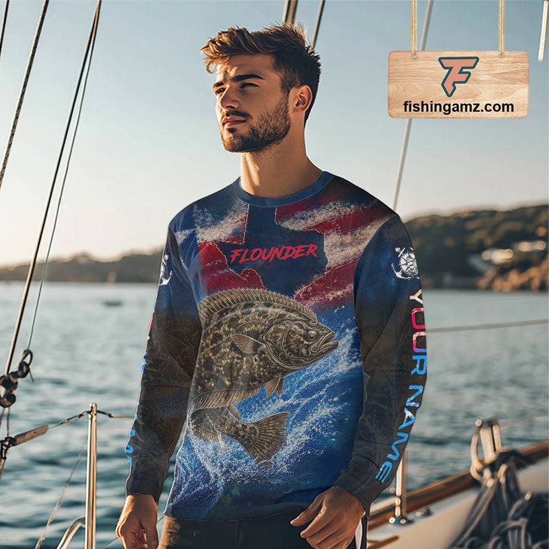 Man Wearing Texas Flag Flounder Long Sleeve Fishing Jersey, Flounder Saltwater Performance UV Shirt For Men